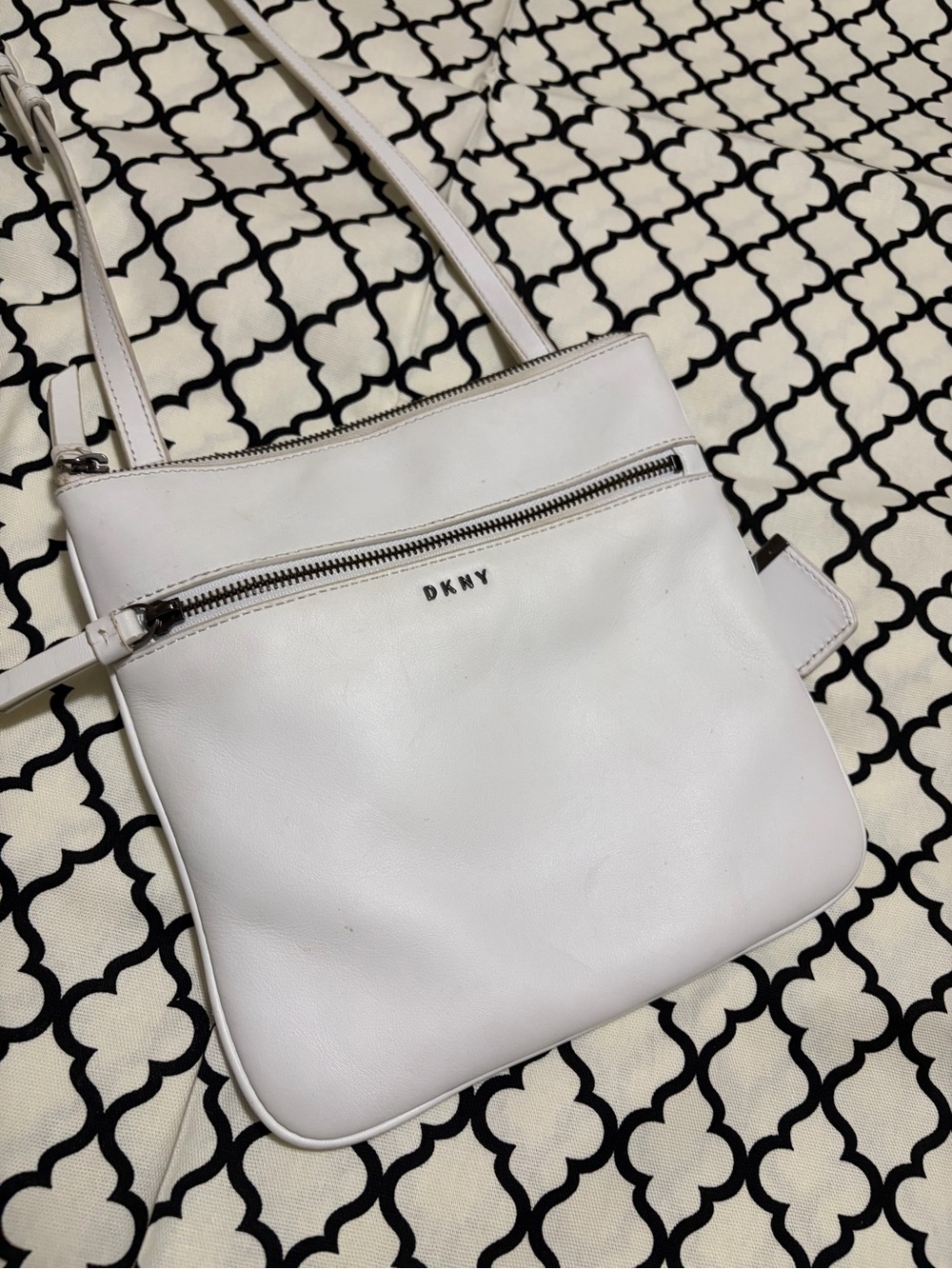 DKNY White Leather Crossbody Bag with Front Zip Pocket